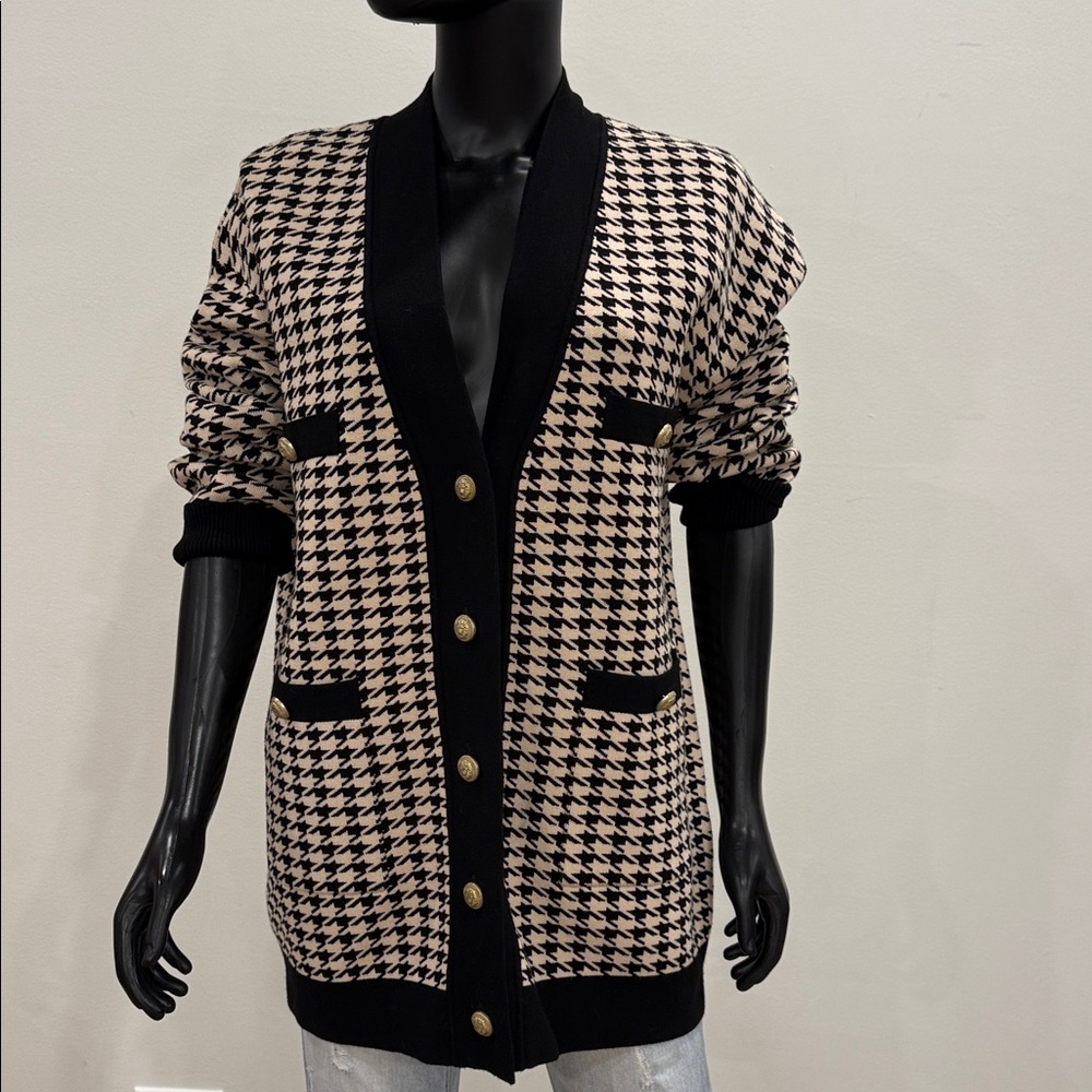 SANDRO Paris Plaid Houndstooth Cardigan Gold Buttons S/1 oversized NEW